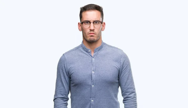 Beau Jeune Homme Élégant Portant Des Lunettes Sceptiques Nerveux Fronçant — Photo