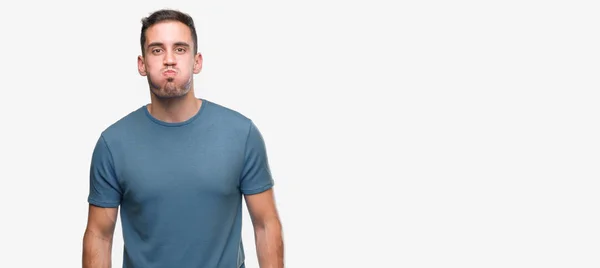 Handsome Young Casual Man Puffing Cheeks Funny Face Mouth Inflated — Stock Photo, Image