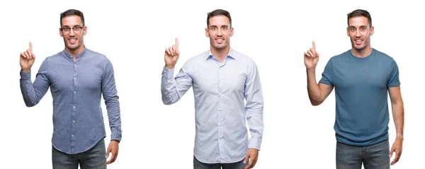 Hombre Joven Guapo Con Diferentes Trajes Mostrando Señalando Hacia Arriba — Foto de Stock