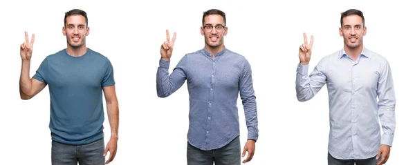 Schöner Junger Mann Der Verschiedene Outfits Trägt Und Mit Fingern — Stockfoto