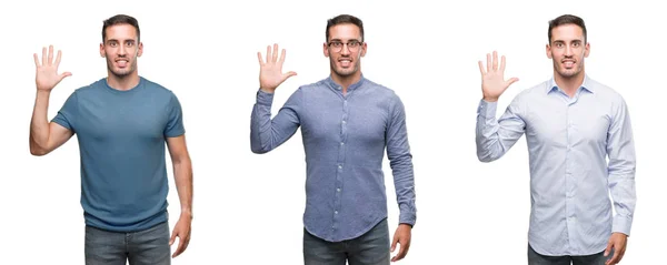 Schöner Junger Mann Der Verschiedene Outfits Trägt Und Mit Finger — Stockfoto