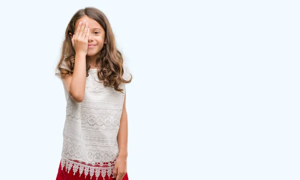 Brunette Hispanic Girl Covering One Eye Hand Confident Smile Face — Stock Photo, Image
