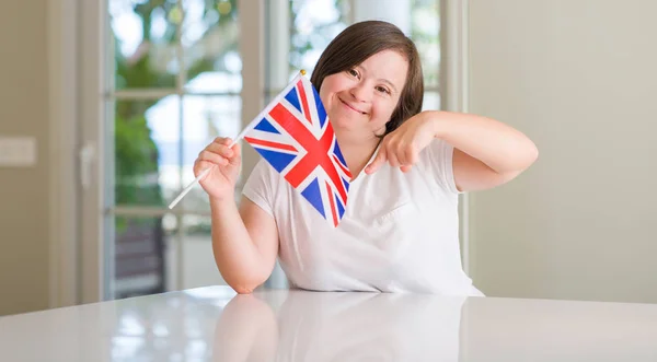 Syndrome Woman Home Holding Flag Very Happy Pointing Hand Finger — Stock Photo, Image