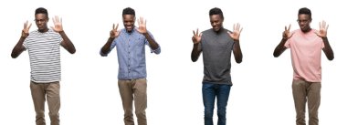 Kendinden emin ve mutlu gülümseyerek süre 8 numaralı gösterilen ve parmakları ile işaret farklı kıyafetler giyen Afrikalı-Amerikalı adam kolaj.