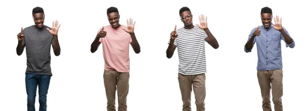 Colagem Homem Afro Americano Vestindo Roupas Diferentes Mostrando Apontando Para — Fotografia de Stock