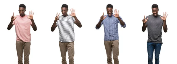 Collage Eines Afrikanisch Amerikanischen Mannes Verschiedenen Outfits Der Mit Finger — Stockfoto