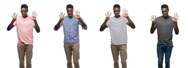 Colagem Homem Afro Americano Vestindo Roupas Diferentes Mostrando Apontando Para — Fotografia de Stock