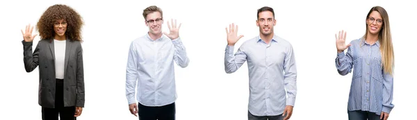 Takım Erkek Kadınların Gösterilen Parmakları Ile Işaret Kendinden Emin Mutlu — Stok fotoğraf