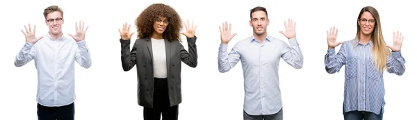 Team Business Men Women Showing Pointing Fingers Number Ten While — Stock Photo, Image