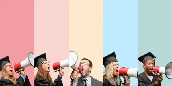 Senior teacher with his graduate students communicates shouting loud holding a megaphone, expressing success and positive concept, idea for marketing or sales