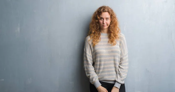 Young Redhead Woman Grey Grunge Wall Skeptic Nervous Frowning Upset — Stock Photo, Image