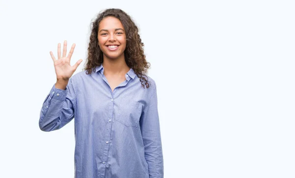 Joven Mujer Negocios Hispana Mostrando Señalando Con Los Dedos Número —  Fotos de Stock