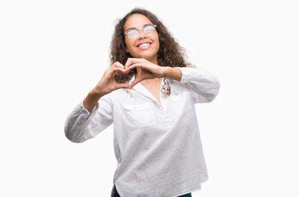 Beautiful Young Hispanic Woman Smiling Love Showing Heart Symbol Shape — Stock Photo, Image