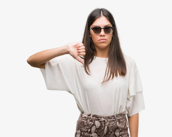 Young Beautiful Hispanic Wearing Sunglasses Angry Face Negative Sign Showing — Stock Photo, Image