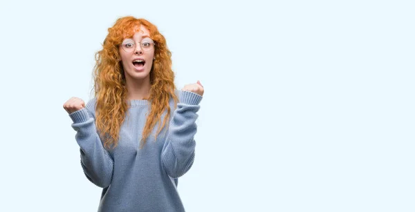 Young Redhead Woman Wearing Glasses Screaming Proud Celebrating Victory Success — Stock Photo, Image
