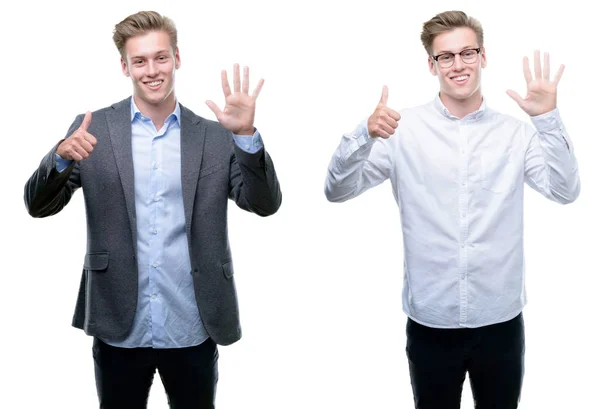 Junger Hübscher Blonder Geschäftsmann Verschiedenen Outfits Der Mit Finger Nummer — Stockfoto
