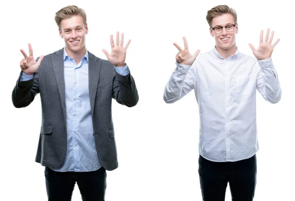 Junger Hübscher Blonder Geschäftsmann Verschiedenen Outfits Der Mit Finger Nummer — Stockfoto