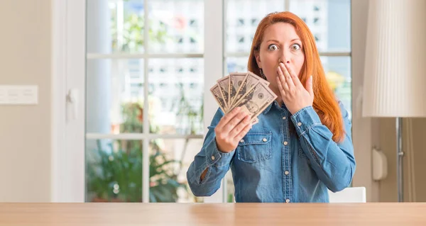 Redhead Woman Holding Dollar Bank Notes Home Cover Mouth Hand — Stock Photo, Image