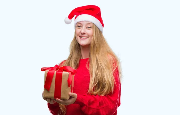 Mulher Adolescente Loira Vestindo Chapéu Papai Noel Com Rosto Feliz — Fotografia de Stock