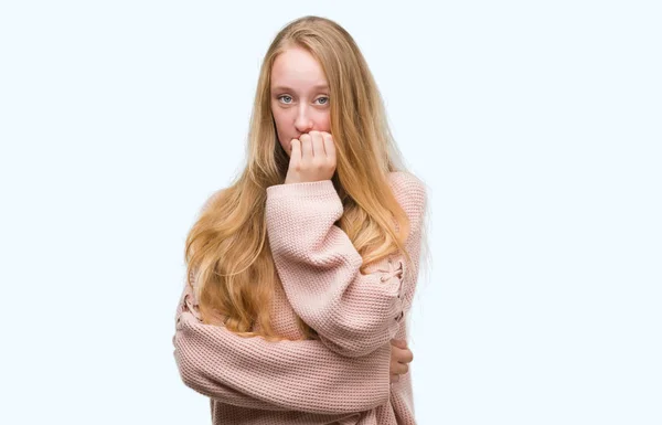 Blonde Teenager Woman Wearing Pink Sweater Looking Stressed Nervous Hands — Stock Photo, Image