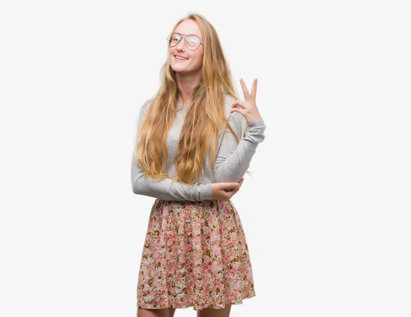 Blonde Teenager Woman Wearing Flowers Skirt Smiling Happy Face Winking — Stock Photo, Image