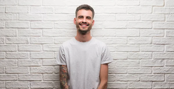 Young Adult Man Standing White Brick Wall Happy Face Standing — Stock Photo, Image