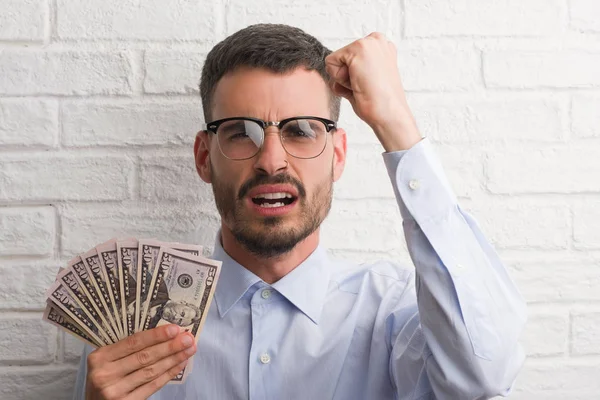 Young Hipster Business Man Holding Dollars Annoyed Frustrated Shouting Anger — Stock Photo, Image