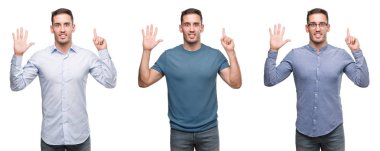 Gösterilen ve parmakları ile işaret farklı kıyafetler giymiş yakışıklı genç adam kendinden emin ve mutlu gülümseyerek süre 6 numara.