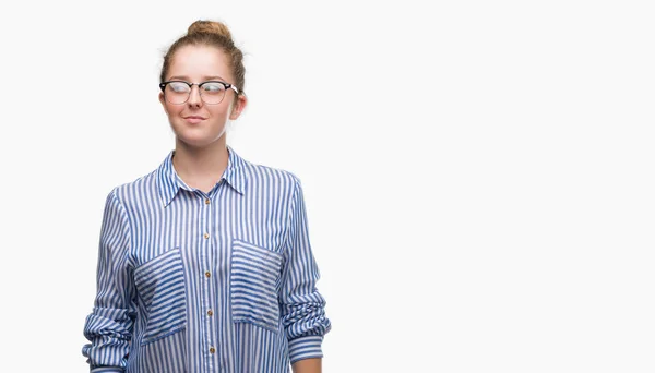 Young Blonde Business Woman Smiling Looking Side Staring Away Thinking — Stock Photo, Image