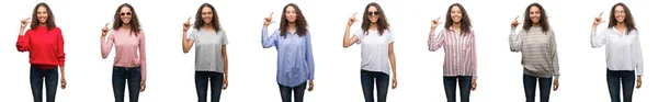 Composition Young Brazilian Woman Isolated White Background Smiling Confident Gesturing — Stock Photo, Image