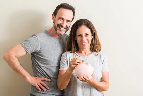 Middle Age Couple Woman Man Holding Piggy Bank Happy Face — Stock Photo, Image