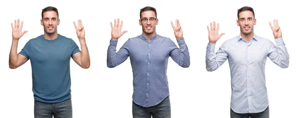 Hombre Joven Guapo Con Diferentes Trajes Mostrando Señalando Hacia Arriba —  Fotos de Stock