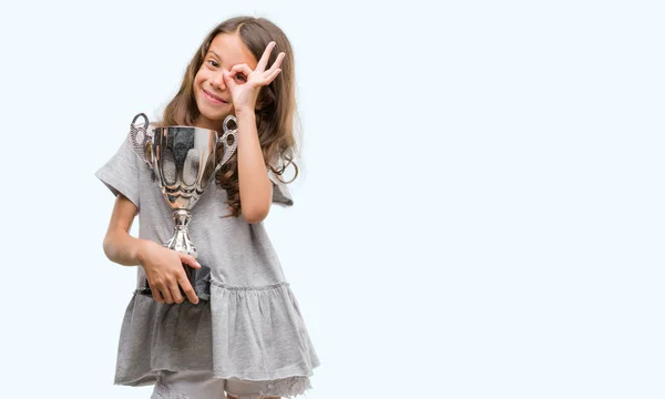 Brunette Hispanic Girl Holding Trophy Happy Face Smiling Doing Sign — Stock Photo, Image