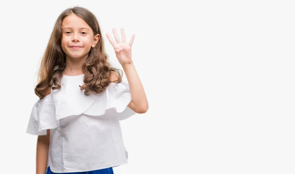 Брюнетка Латиноамериканського Дівчина Показ Вказуючи Пальцями Номер Чотири Посміхаючись Впевненими — стокове фото