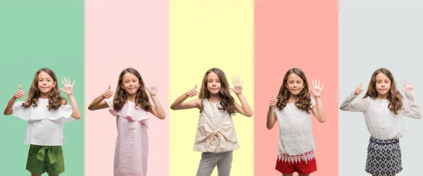 Колаж Брюнетки Іспаномовні Дівчата Різних Вбраннях Показують Вказують Пальцями Номер — стокове фото