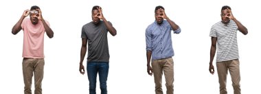 Sürpriz yüz, göz parmaklarının arasından seyir ile kolaj ok jest yapıyor farklı kıyafetler giyen Afrikalı-Amerikalı adam bir şok. İmansız ifade.