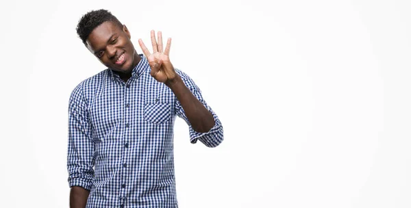 Young African American Man Wearing Blue Shirt Showing Pointing Fingers — Stock Photo, Image