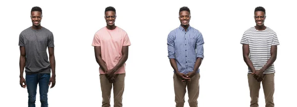 Colagem Homem Afro Americano Vestindo Roupas Diferentes Com Sorriso Feliz — Fotografia de Stock