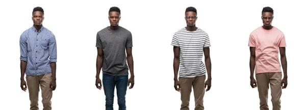 Collage Afroamerikanska Man Klädd Olika Outfits Med Allvarliga Uttryck Ansiktet — Stockfoto