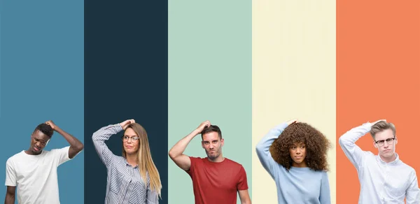 Grupp Människor Över Vintage Färger Bakgrund Förvirra Och Undrar Frågan — Stockfoto