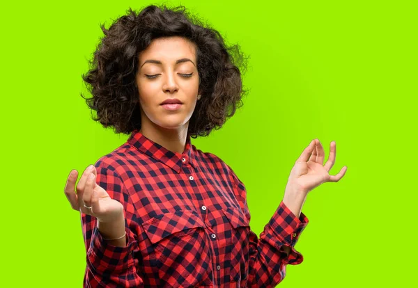 Beautiful Arab Woman Doing Sign Gesture Both Hands Expressing Meditation — Stock Photo, Image