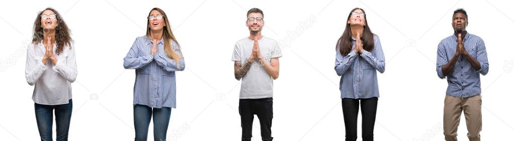 Group and team of young business people over isolated white background begging and praying with hands together with hope expression on face very emotional and worried. Asking for forgiveness. Religion concept.