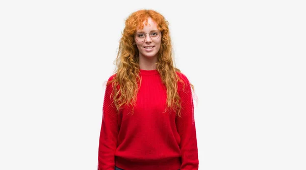 Young Redhead Woman Wearing Red Sweater Happy Cool Smile Face — Stock Photo, Image