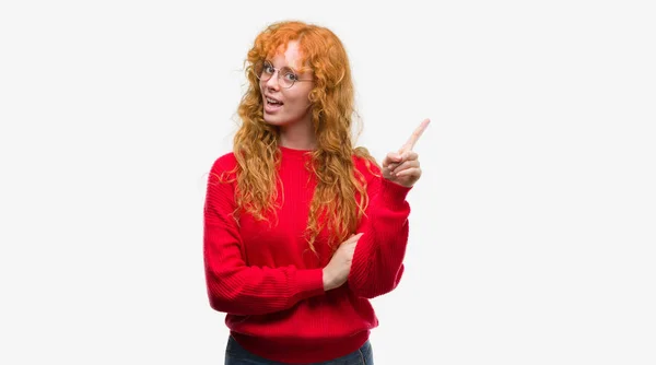 Young Redhead Woman Wearing Red Sweater Big Smile Face Pointing — Stock Photo, Image