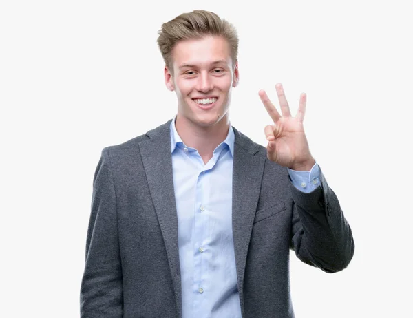 Young Handsome Blond Business Man Showing Pointing Fingers Number Three — Stock Photo, Image