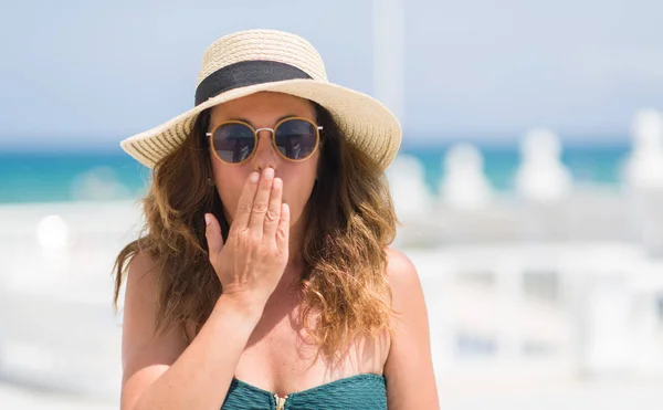 Middle Age Brunette Woman Wearing Sunglasses Pool Cover Mouth Hand — Stock Photo, Image