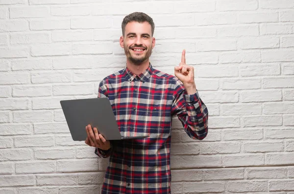 Hombre Adulto Joven Sobre Pared Ladrillo Usando Ordenador Portátil Sorprendido — Foto de Stock