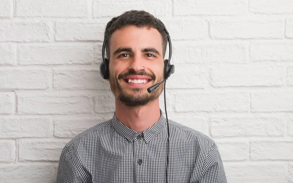 Young Adult Man Brick Wall Working Operator Happy Face Standing — Stock Photo, Image