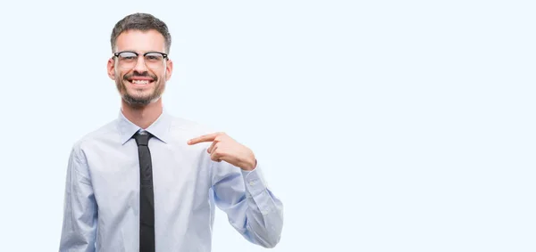 Young Business Man Surprise Face Pointing Finger Himself — Stock Photo, Image