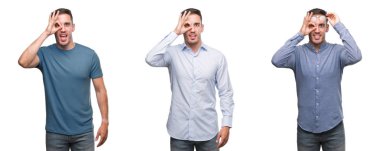 Yakışıklı genç adam giyen farklı kıyafetler el gülümseyen, ok jest yapıyor göz parmakları ile mutlu yüz üzerinden seyir.